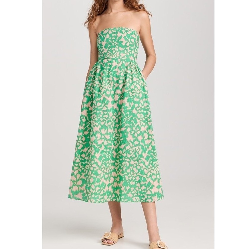 Banjanan Green Cream Linen Strapless Midi Dress Floral Ikat Boned Bodice Large